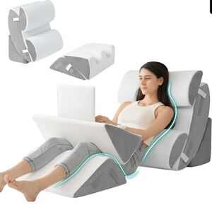 Ergonomic White & Gray Wedge Pillow Set for Back Support